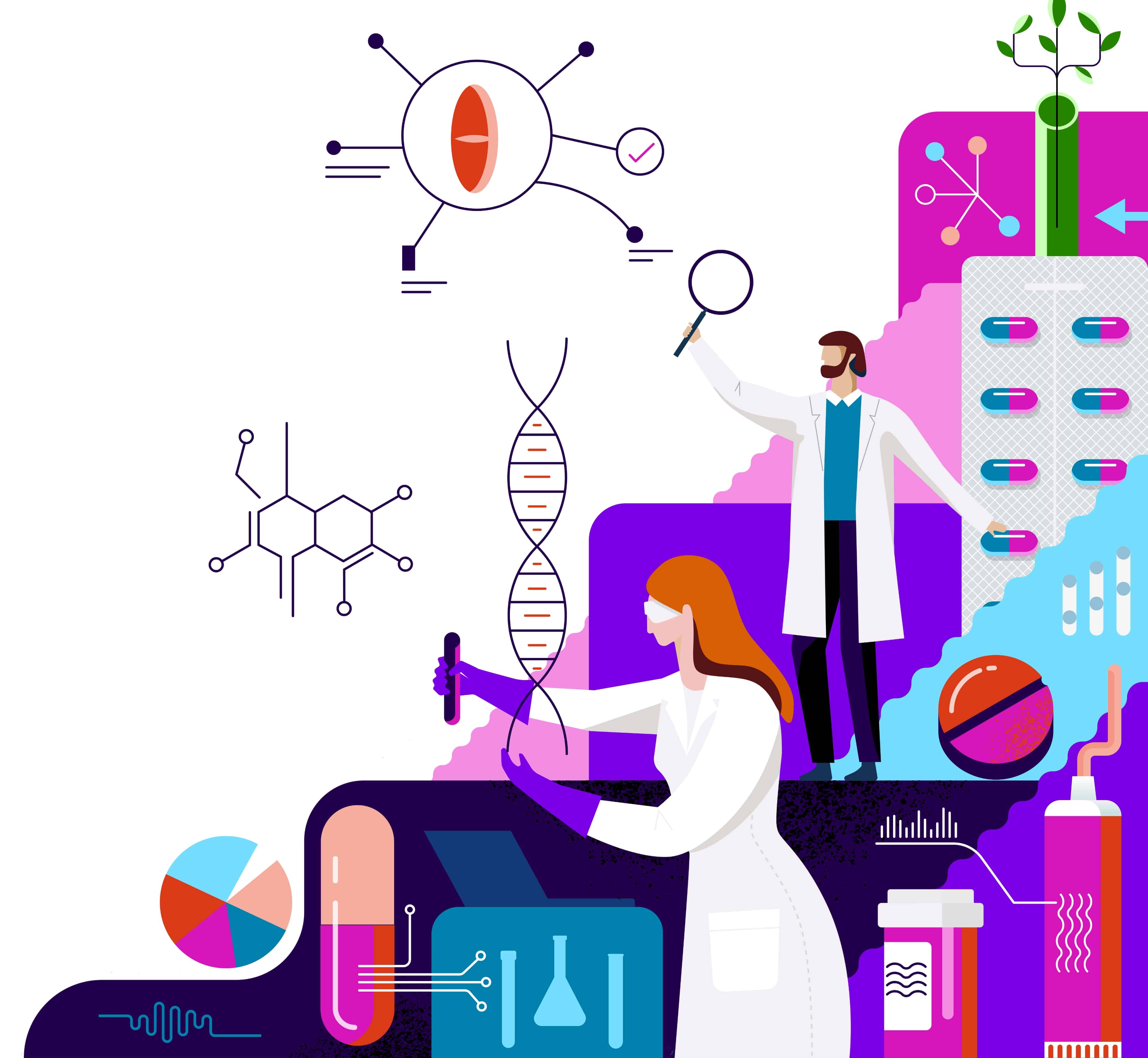 Illustration of sceintists woking in a lab. 