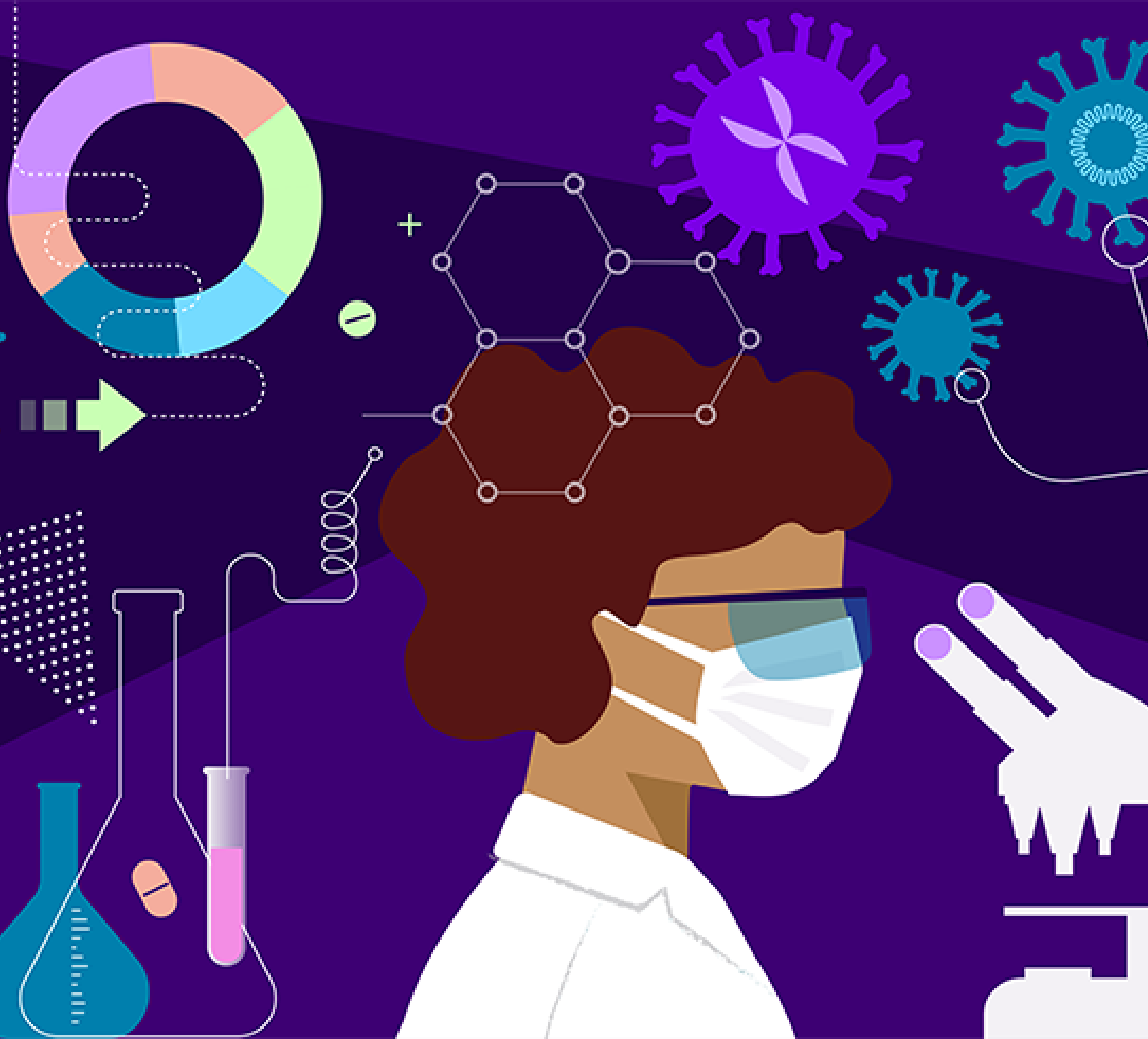 Illustration of masked scientist looking though a microscope